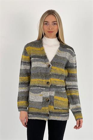 Kadın V Yaka Düğmeli Uzun Kollu Bol Gri Triko Hırka