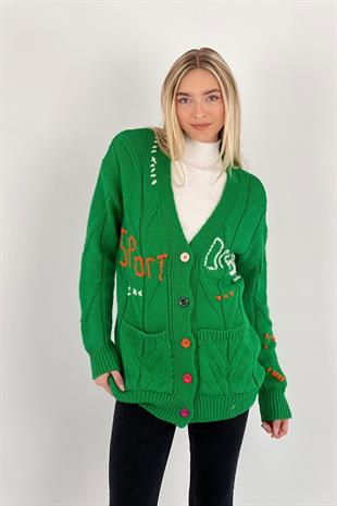 Kadın V Yaka Oversize Uzun Kollu Basic Düğmeli Pudra  Triko Hırka