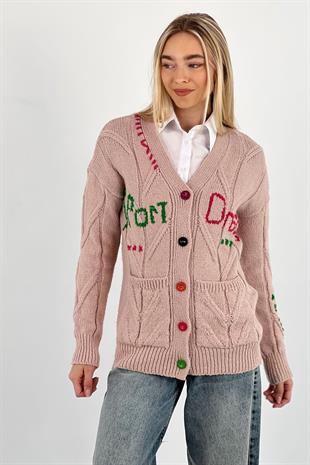 Kadın V Yaka Oversize Uzun Kollu Basic Düğmeli Pudra  Triko Hırka