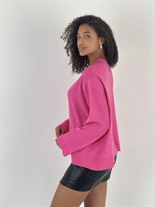 Kadın V Yaka Pembe Triko Kazak