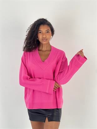 Kadın V Yaka Pembe Triko Kazak