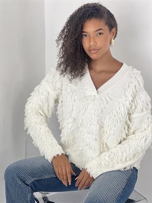 Kadın V Yaka Püsküllü Ekru Triko Kazak