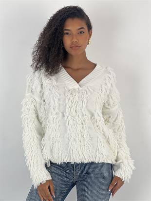 Kadın V Yaka Püsküllü Ekru Triko Kazak