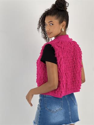 Kadın V Yaka Püsküllü Fuşya Triko Kazak