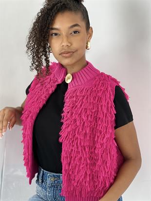 Kadın V Yaka Püsküllü Fuşya Triko Kazak