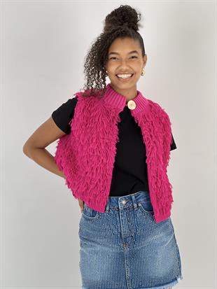 Kadın V Yaka Püsküllü Fuşya Triko Kazak