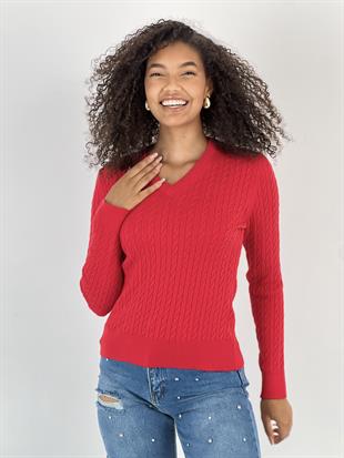 Kadın V Yaka Saç Örgü Desenli Kırmızı Triko Kazak