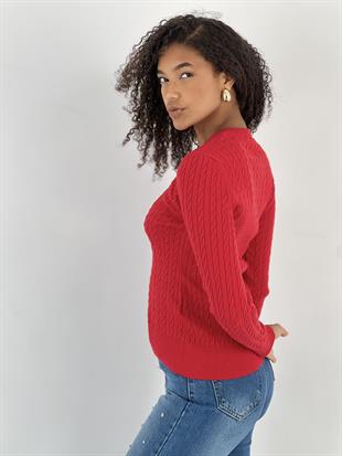 Kadın V Yaka Saç Örgü Desenli Kırmızı Triko Kazak