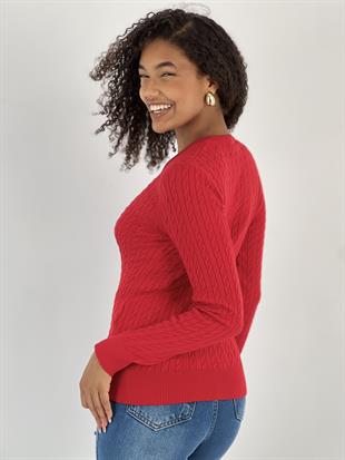 Kadın V Yaka Saç Örgü Desenli Kırmızı Triko Kazak