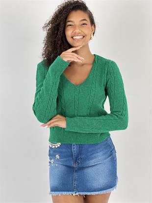 Kadın V Yaka Saç Örgü Kısa Yeşil Triko Kazak