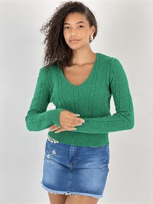 Kadın V Yaka Saç Örgü Kısa Yeşil Triko Kazak