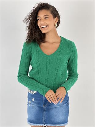 Kadın V Yaka Saç Örgü Kısa Yeşil Triko Kazak