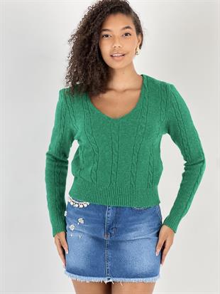 Kadın V Yaka Saç Örgü Kısa Yeşil Triko Kazak