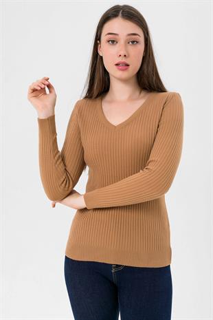 Kadın V Yaka Slim Fit Fitilli Uzun Kışlık Camel Triko Kazak