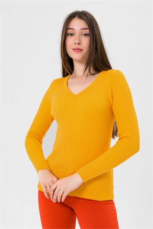Kadın V Yaka Slim Fit Fitilli Uzun Kışlık Sarı Triko Kazak