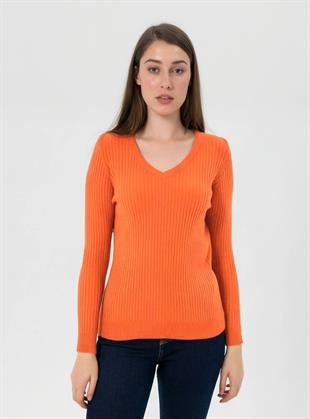 Kadın V Yaka Slim Fit Fitilli Uzun Kışlık Oranj Triko Kazak