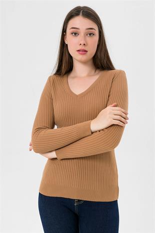 Kadın V Yaka Slim Fit Fitilli Uzun Kışlık Camel Triko Kazak