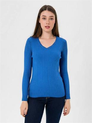 Kadın V Yaka Slim Fit Fitilli Uzun Kışlık K.Mavi Triko Kazak