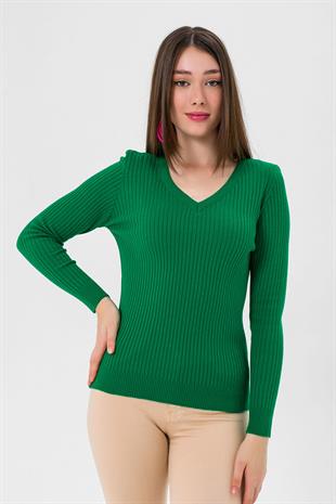 Kadın V Yaka Slim Fit Fitilli Uzun Kışlık Benetton Triko Kazak