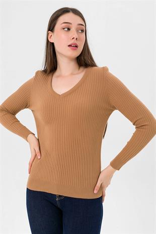 Kadın V Yaka Slim Fit Fitilli Uzun Kışlık Camel Triko Kazak