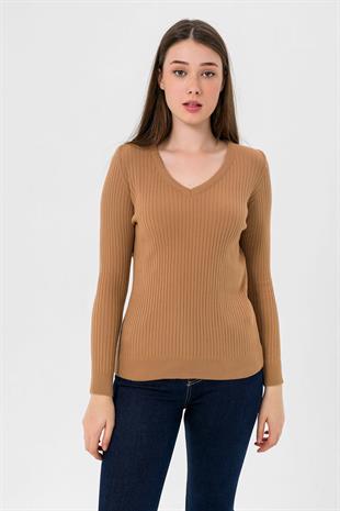 Kadın V Yaka Slim Fit Fitilli Uzun Kışlık Camel Triko Kazak
