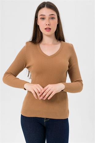 Kadın V Yaka Slim Fit Fitilli Uzun Kışlık Camel Triko Kazak