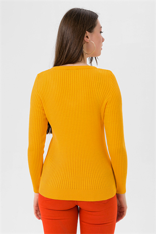 Kadın V Yaka Slim Fit Fitilli Uzun Kışlık Sarı Triko Kazak