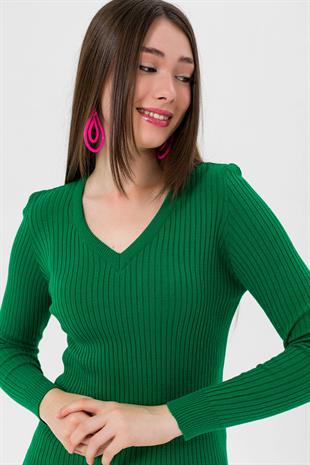 Kadın V Yaka Slim Fit Fitilli Uzun Kışlık Benetton Triko Kazak