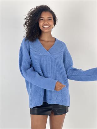 Kadın V Yaka Yarasa Kol Mavi Triko