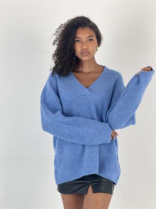 Kadın V Yaka Yarasa Kol Mavi Triko