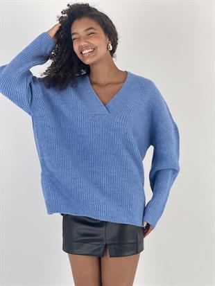 Kadın V Yaka Yarasa Kol Mavi Triko