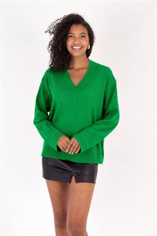 Kadın V Yaka Yeşil Triko Kazak