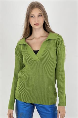 Kadın V Yakalı Fitilli Kışlık Uzun Açık Yeşil Triko Kazak