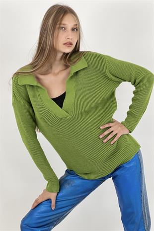 Kadın V Yakalı Fitilli Kışlık Uzun Açık Yeşil Triko Kazak