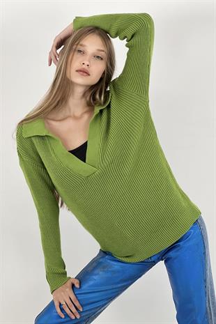 Kadın V Yakalı Fitilli Kışlık Uzun Açık Yeşil Triko Kazak