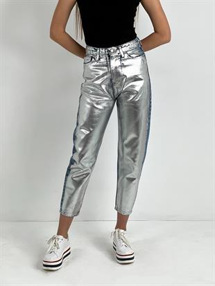 Kadın Varak Baskılı Mom Jean - Mavi