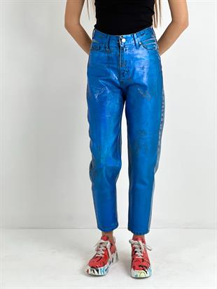 Kadın Varak Baskılı Mom Jean - Mavi