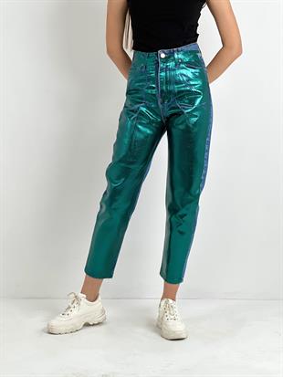 Kadın Varak Baskılı Mom Jean - Mavi