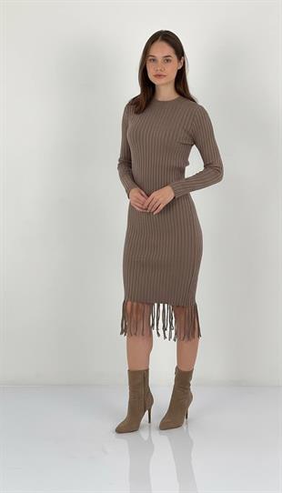 Kadın Vizon Püskül Detaylı Fitilli Triko Elbise