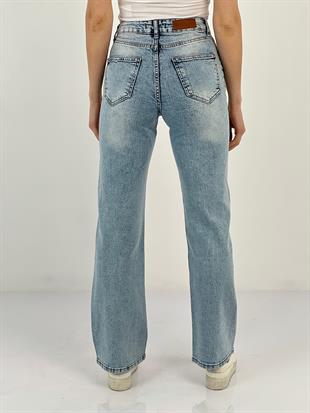 Kadın Wide Leg Önü Full Taşlı A.Mavi Jean Pantolon