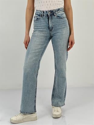 Kadın Wide Leg Önü Full Taşlı A.Mavi Jean Pantolon-75456-7-7327