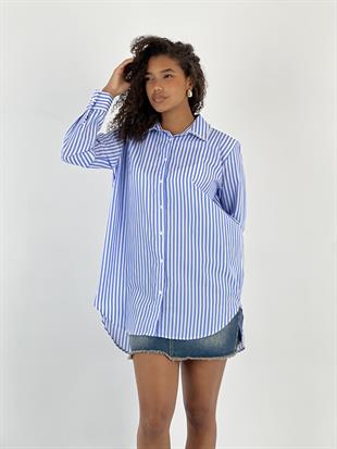 Kadın Yakası Taş Detaylı Mavi Gömlek