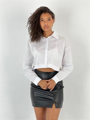 Kadın Yanı Elmas Taş Detaylı Crop Beyaz Gömlek