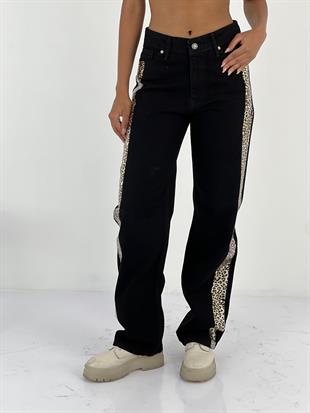 Kadın Yanları Leopar Desenli Denim Siyah Kot Pantolon