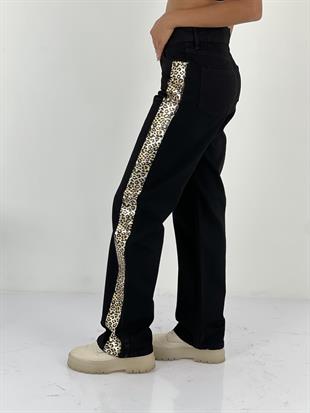Kadın Yanları Leopar Desenli Denim Siyah Kot Pantolon