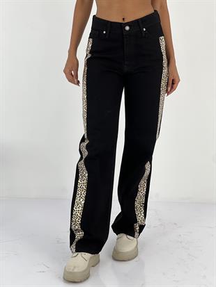 Kadın Yanları Leopar Desenli Denim Siyah Kot Pantolon