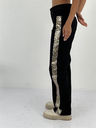 Kadın Yanları Leopar Desenli Denim Siyah Kot Pantolon