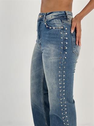 Kadın Yanları Taş Detaylı Düz Paça Mavi Jean Pantolon