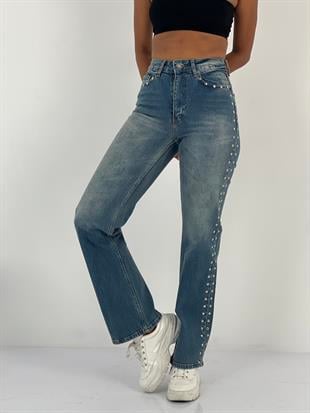 Kadın Yanları Taş Detaylı Düz Paça Mavi Jean Pantolon