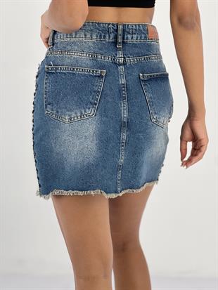 Kadın Yanları Taş Detaylı Mavi Denim Kot Etek